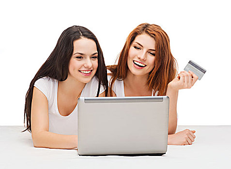 网上购物,科技,概念,两个,微笑,少女,笔记本电脑,信用卡