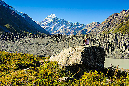 女人,享受,风景,库克山,南岛,新西兰