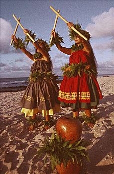 夏威夷,草裙舞,海滩,竹子,面对,天空