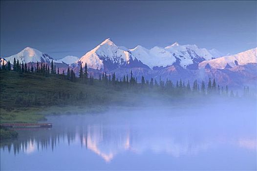 阿拉斯加山脉,上方,旺湖,晨雾,德纳里峰国家公园,夏天,阿拉斯加