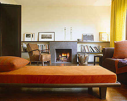 橙色,沙发床,正面,壁炉,围绕,书架,艺术品