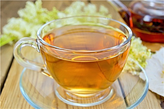 茶,绣线菊属植物,玻璃杯,茶壶,木板