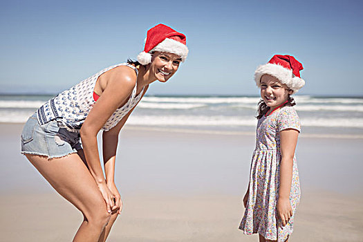 头像,高兴,女人,女儿,穿,圣诞帽,海滩,清晰,蓝天