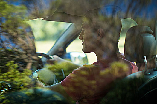 男人,风景,汽车,挡风玻璃,后视图