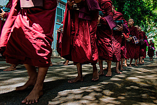 寺院,阿马拉布拉,缅甸,东南亚,僧侣,排列,仪式,午餐