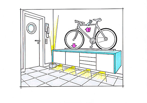 插画,走廊,自行车,餐具柜