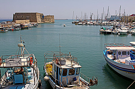 城堡,威尼斯式港口,游艇,捕鱼,船,伊拉克利翁,克里特岛,希腊,欧洲