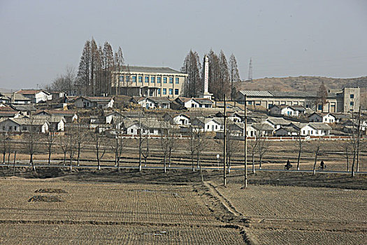 朝鲜农村,村舍,传统,房子,田野,耕地
