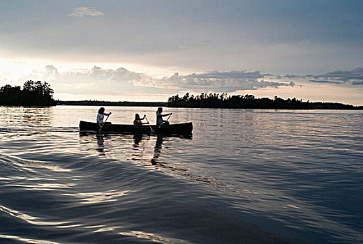 湖,木,安大略省,加拿大,家庭,独木舟