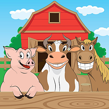 农场,背景,矢量,插画,猪,母牛,马