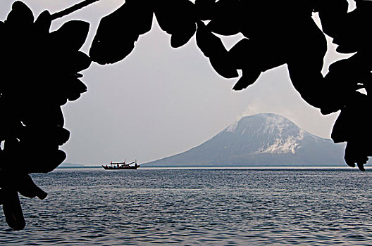 印度尼西亚,爪哇,小,渔船,正面,火山