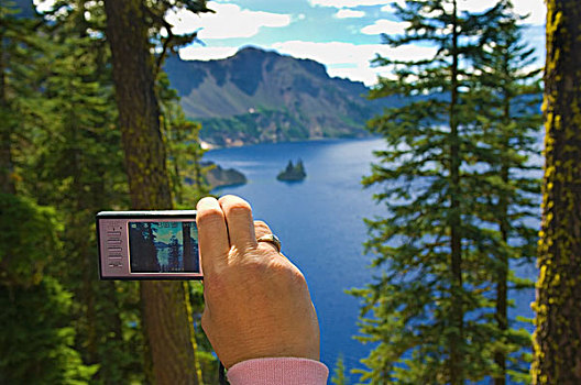 手,景色,照相,相机,火山湖,俄勒冈,美国