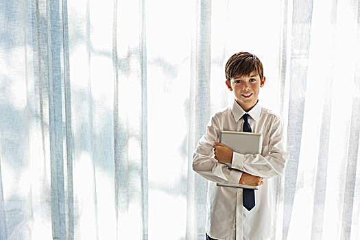 男孩,衬衫,领带,拿着,平板电脑