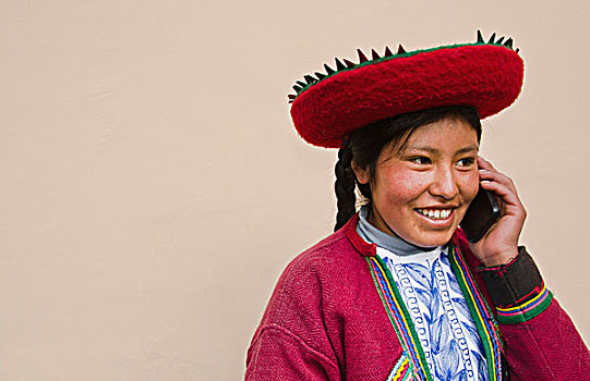 现代生活,秘鲁,女人,传统服饰,帽子,手机,沟通,无线