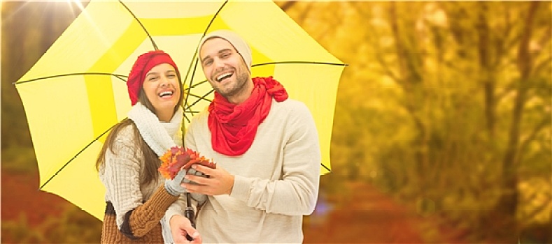 合成效果,图像,秋天,情侣,拿着,伞