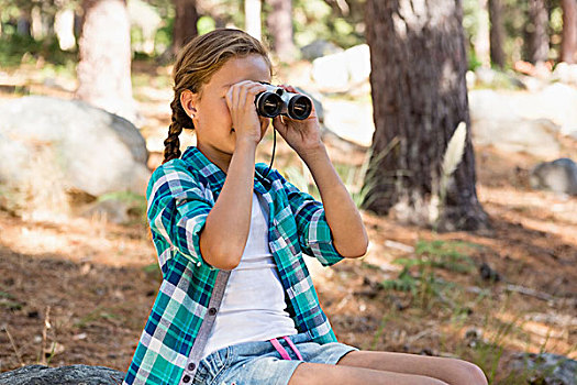 女孩,看穿,双筒望远镜,树林,好奇