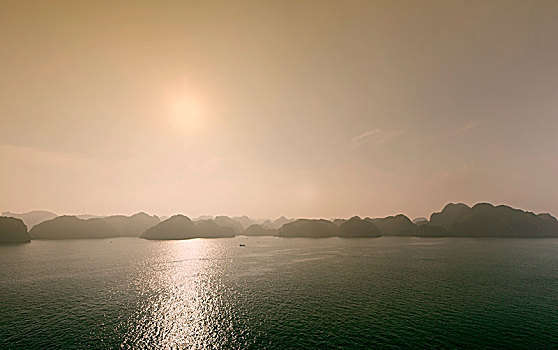 石灰岩,日落,湾,岛屿,越南,亚洲