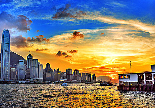 香港,城市,建筑,都市,维多利亚港,晚霞,渡轮