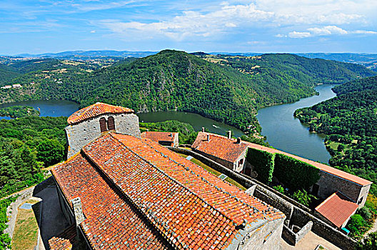 风景,屋顶,中世纪,教堂,河,卢瓦尔河,隆河阿尔卑斯山省,区域,法国,欧洲