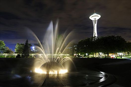 喷泉,正面,太空针,市中心,夜景,西雅图,华盛顿,美国,北美