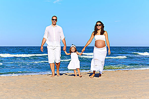 幸福之家,海滩,沙子,走,怀孕,母亲,女人