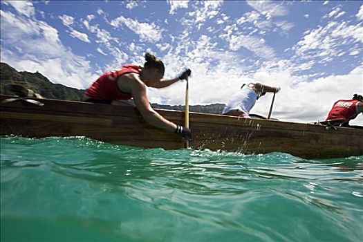 夏威夷,瓦胡岛,女性,舷外支架,独木舟,团队,划船,困难,蓝绿色,海洋