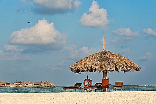 伞,太阳椅,海滩,水,平房,背影,天堂岛,马尔代夫,亚洲