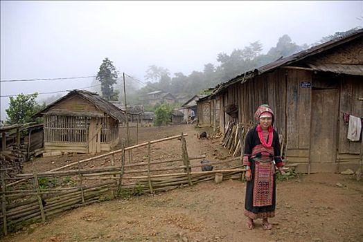 女青年,阿卡族,部落,穿,传统,彩色,服饰,站立,乡村,禁止,省,老挝,东南亚