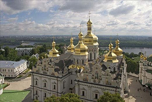 乌克兰,基辅,寺院,洞穴,风景,大教堂,金色,圆顶,蓝天,河,背景,2004年