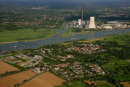航拍,氛围,冷却塔,电厂,莱茵河,杜伊斯堡,鲁尔区,北莱茵威斯特伐利亚,德国,欧洲