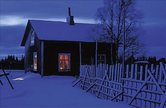 冬天,雪,黎明,房子,光亮,窗户,夜光