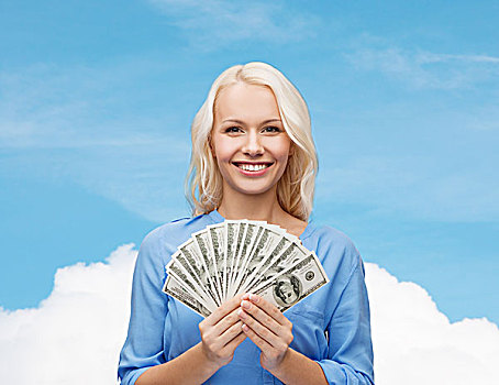 金融,人,概念,微笑,女人,红裙,美元,钱,上方,蓝天,白云,背景