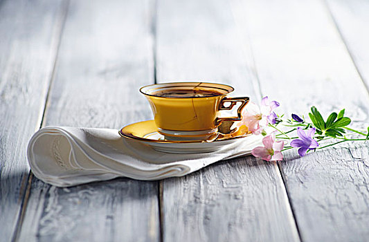黄色,咖啡杯,餐巾,花