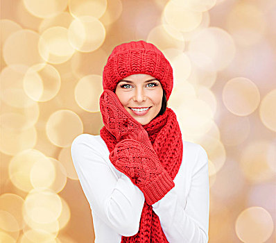 高兴,寒假,圣诞节,人,概念,微笑,少妇,红色,帽子,围巾,连指手套,上方,米色,背景