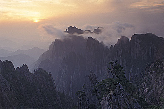 风景,山,黄山,雾气,日出,安徽