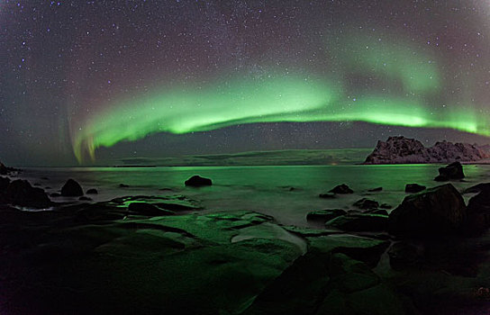 海滩,北极光,罗弗敦群岛,挪威,欧洲