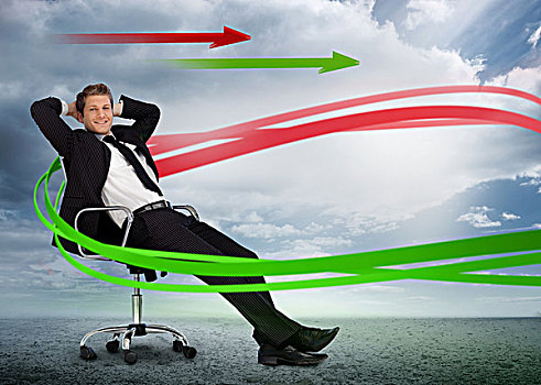 自信,商务人士,倚靠,旋轴,椅子,红色,绿色,箭头,多云,风景