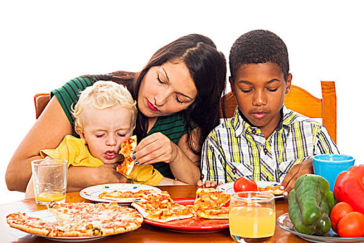 母亲,儿童,吃饭,比萨饼