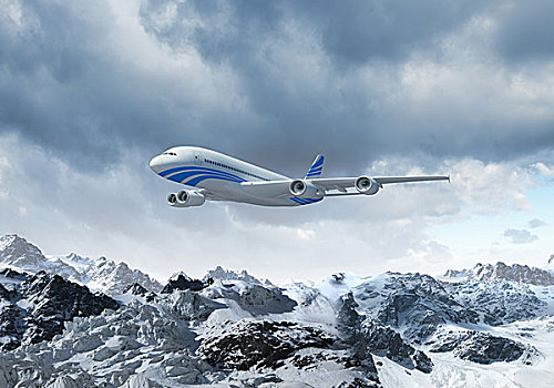 白色,客机,飞,蓝天,高处,山,雪