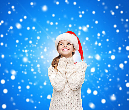 圣诞节,休假,孩子,人,概念,微笑,女孩,圣诞老人,帽子,上方,蓝色,雪,背景