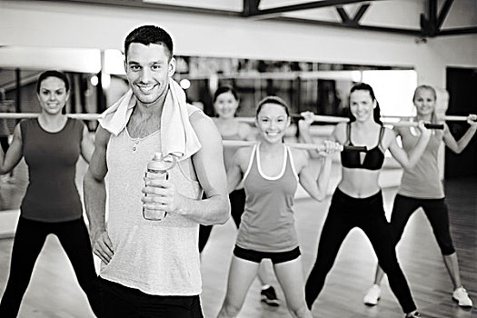健身,运动,训练,健身房,生活,概念,微笑,正面,人群,锻炼,杠铃