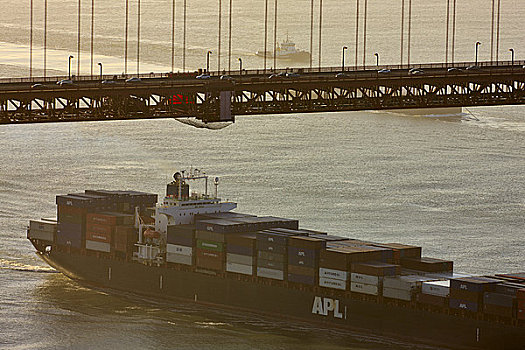 集装箱船,桥,金门大桥,旧金山湾,旧金山,加利福尼亚,美国