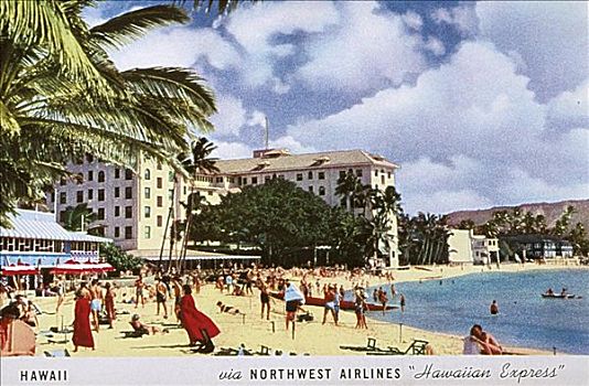 夏威夷,瓦胡岛,西北地区,航线,明信片,游客,享受,怀基基海滩,酒店