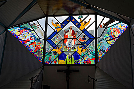 法属玻利尼西亚,社会群岛,波拉波拉岛,特写,彩色,彩色玻璃窗,天主教,教堂