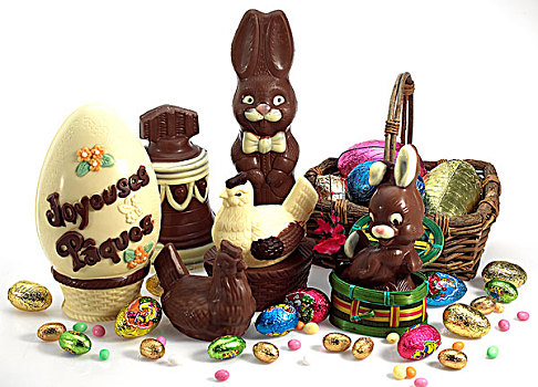巧克力,兔子,母鸡,蛋,复活节,白色背景