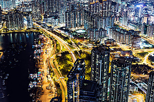 俯视,九龙,夜晚,光影,香港,中国