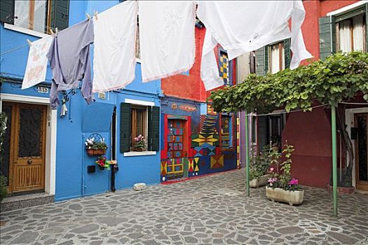 院落,晾衣服,彩色,房子,布拉诺岛,威尼托,意大利,欧洲