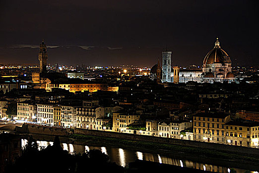 圣马利亚,大教堂,佛罗伦萨,意大利,阿尔诺河,夜晚