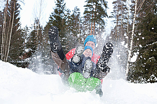 男人,儿子,速度,雪橇,雪中,遮盖,树林
