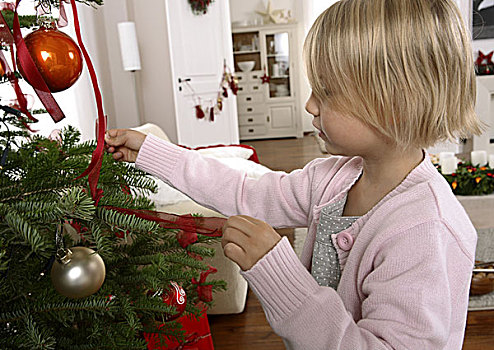 女孩,圣诞树,装饰